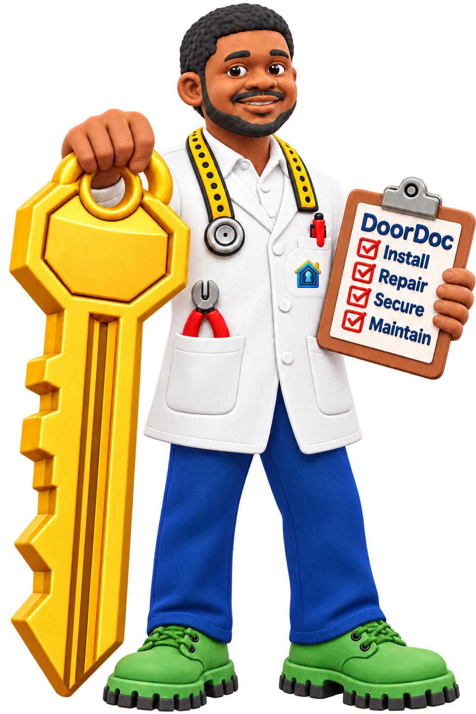 Our welcoming DoorDoc mascot holding a golden key