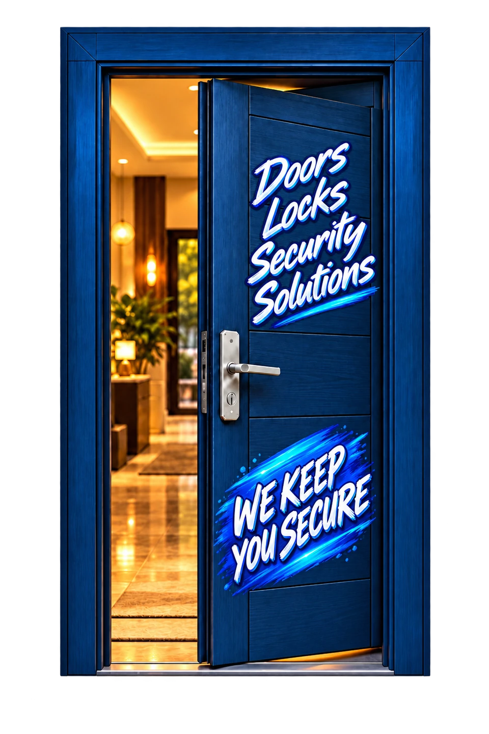 Navy door, silver handle and warm interior. Doors, Locks, Security Solutions. We Keep You Secure.