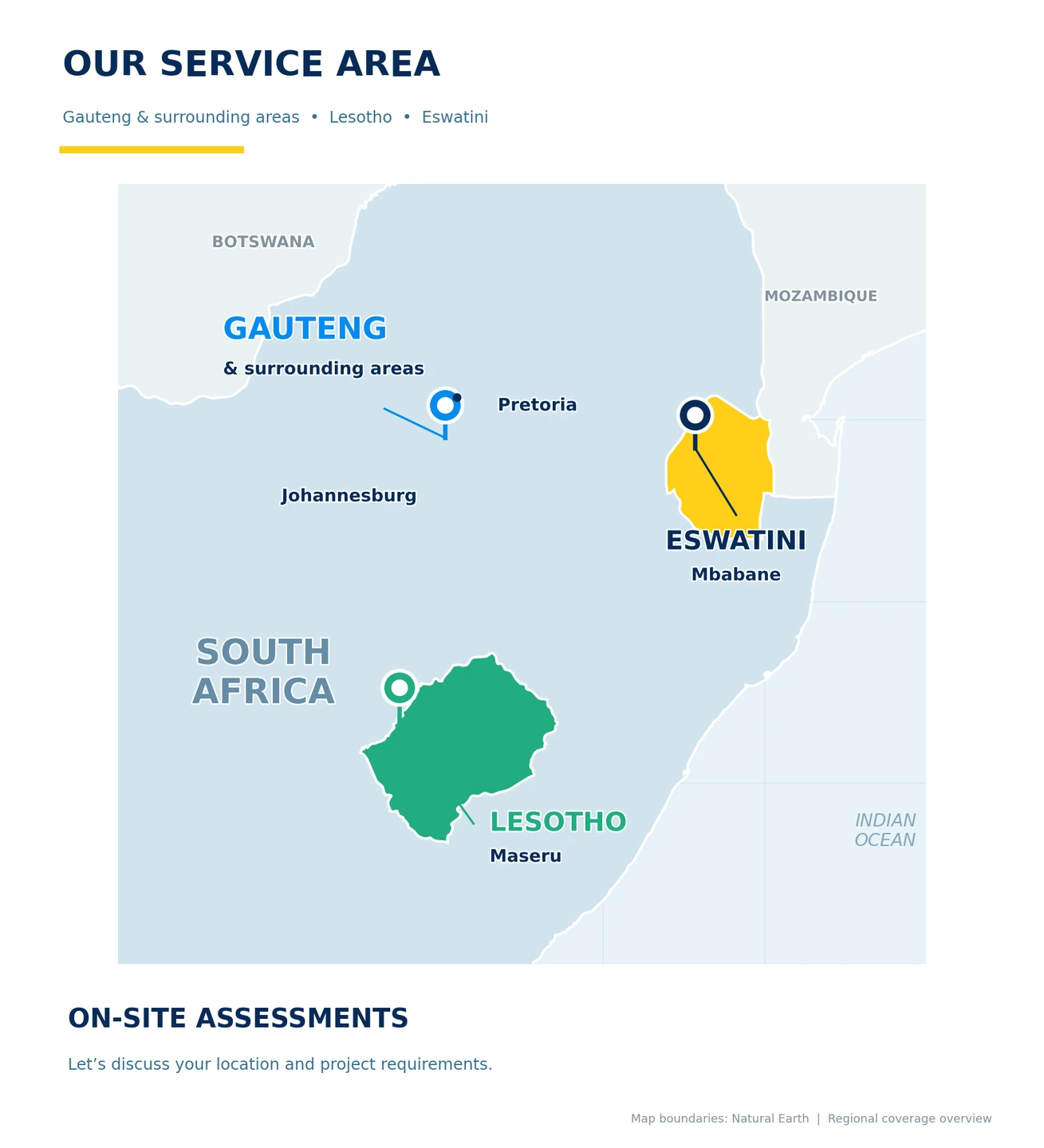 Regional service map showing Gauteng near Johannesburg and Pretoria, Lesotho and Eswatini