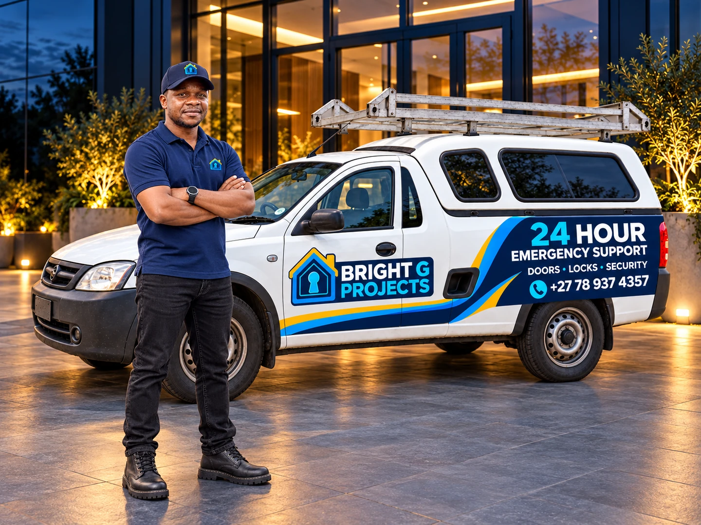 Bright G beside his branded white bakkie outside a modern glass entrance